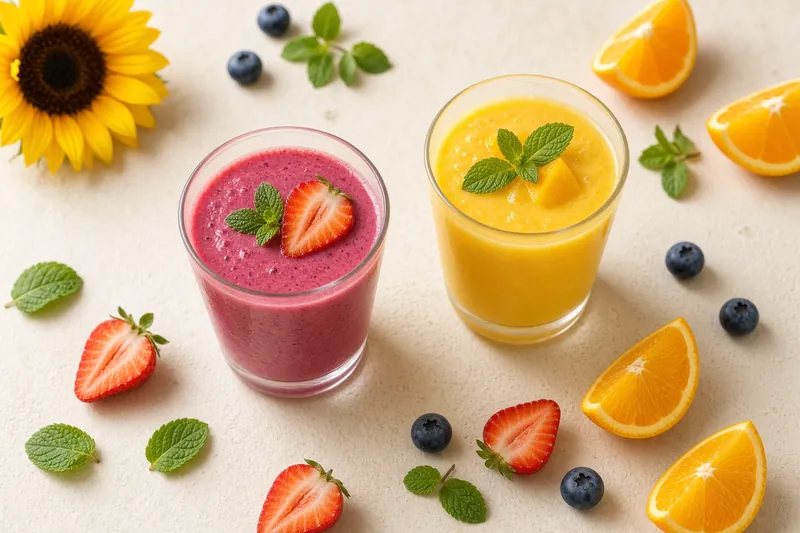 Dos bebidas de fruta en vasos sin marca, con fresas, naranja y un girasol. Imagen ilustrativa, no es un menú confirmado.