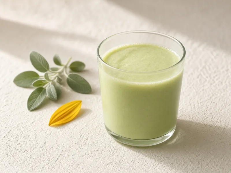 Vaso sencillo con una bebida verde clara y hojas. Imagen ilustrativa, no es un producto confirmado.