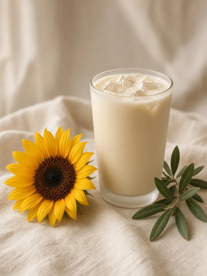 Vaso sencillo con una bebida cremosa junto a un girasol y hojas. Imagen ilustrativa, no es un producto confirmado.