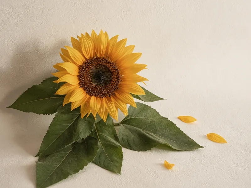 Girasol y hojas verdes sobre una superficie clara. Imagen ilustrativa.